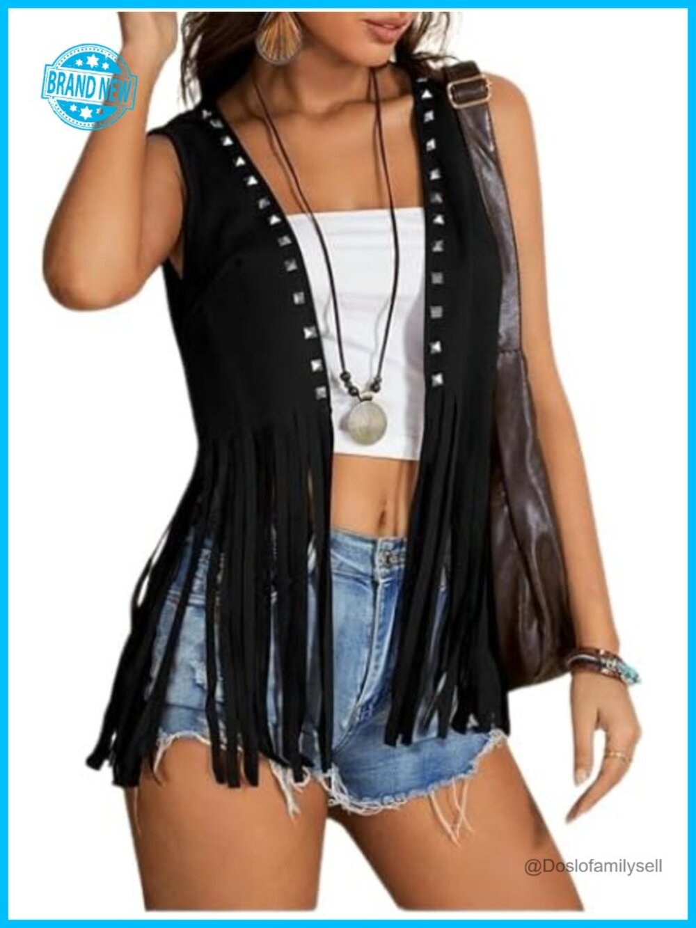 Faux Suede Fringe Vest Sleeveless Open Front Metallic Rivet Retro Western